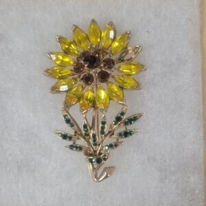 Vintage Floral Classic Sunflower Black Faux Crystal Brooch Missing Stones